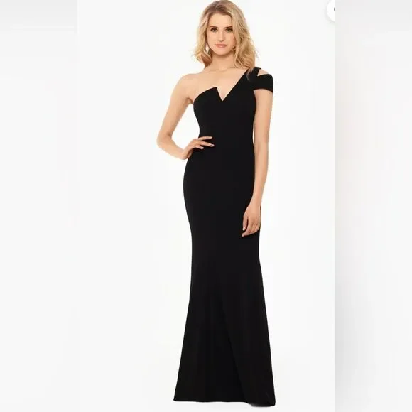 open lace back dress Long Prom Dress With Ruffled One-Shoulder Bodice– PromGirl